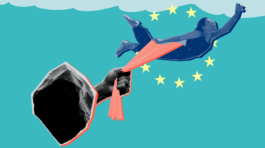 Ein schwarzer Stein klammert sich an ein Tuch, das mit einer Tänzerin in den EU-Sternen verbunden ist, und zieht nach unten.