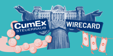 Predigende Figur mit dem Bundestag als Kopf und in umarmender Haltung. Auf den Armen steht "CumEx" und "Wirecard".