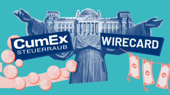 Predigende Figur mit dem Bundestag als Kopf und in umarmender Haltung. Auf den Armen steht "CumEx" und "Wirecard".