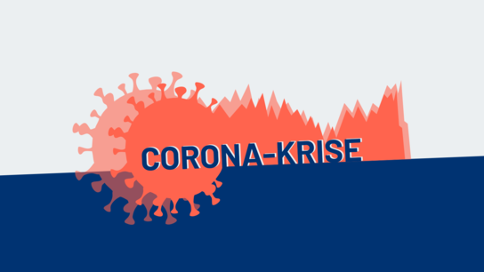 Ein Corona-Virus aus dem eine statistischer Verlauf kommt. Dazu der Slogan "Corona-Krise"