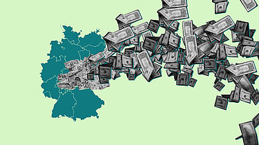 Karte Deutschlands aus der viele Dollarnoten sprudeln
