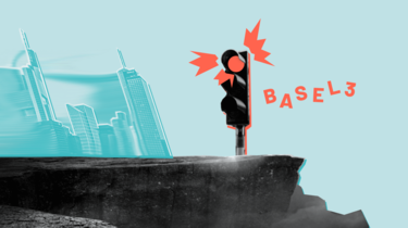Bankentürme rasen auf den Abgrund zu auf dem eine rote Ampel mit dem Schriftzug "Basel 3" steht.