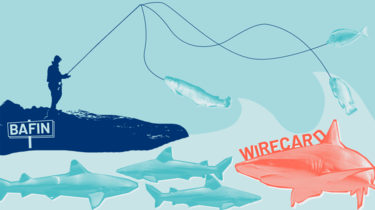 Die BaFin angelt und fängt nur die kleinen Fische, während der Hai "Wirecard" im Meer schwimmt.